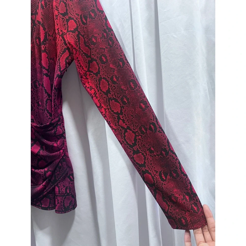 Michael Kors Womens Red Snakeskin Print Faux Wrap Long Sleeve Top Side Ruched M